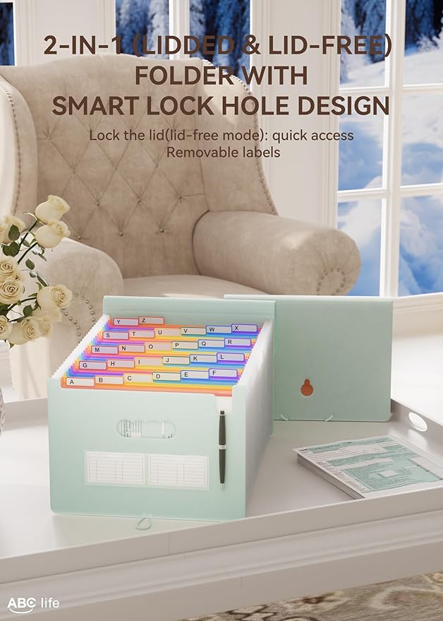 ABC life 26-Pocket Accordion File Organizer, Expanding File Folder, Letter/A4 Size Plastic Monthly Bill & Tax Receipt Holder with A-Z Tabs for Home, Office, Classroom - Sage Green