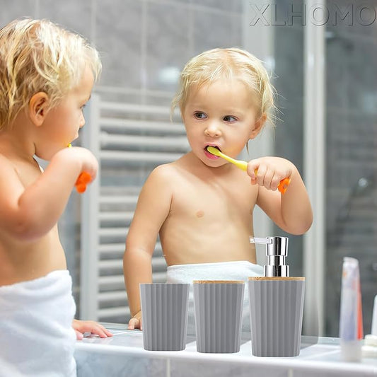 XLHOMO Grey Bathroom Accessories Set, 9 Piece Gray Bathroom Set, Bathroom Accessory Sets Compelete with Trash Can, Toothbrush Holder, Cup, Lotion Dispenser, Tray, Soap Dish, Toilet Brush, Qtip Holders