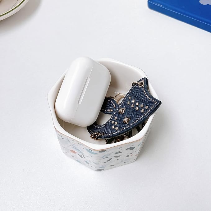 LEAZUL Ceramic Paper Clip Holder Gold Line Paper Clip Dispenser Organizer for Desk Cute Terrazzo Marble Pattern Office Binder Clip Holder Bobby Pin and Hair Clip Holder Gift for Office Blue