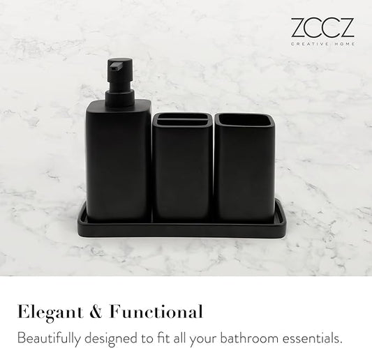 ZCCZ Beige Bathroom Accessory Sets, 4 Pieces Bathroom Accessories Complete Set Vanity Countertop Accessory Set, Includes Lotion Dispenser Soap Pump, Tumbler, Toothbrush Holder and Tray