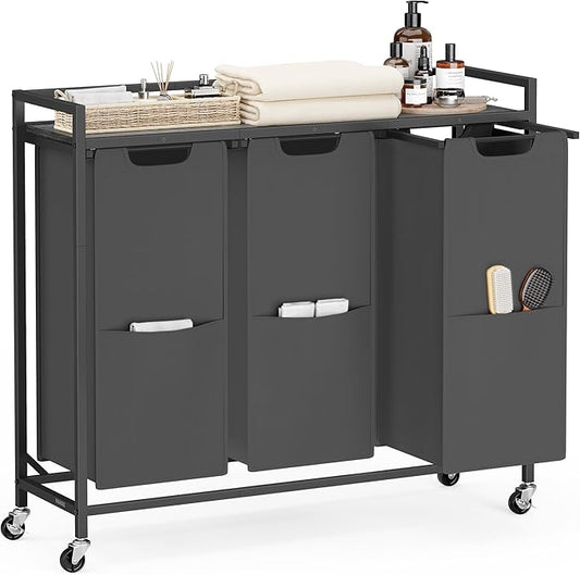 VASAGLE Laundry Sorter, 43.5 Gal. (165 L) Laundry Hamper Basket with 3 Compartments, Rolling Cart with Wheels, Shelf, Removable Bags, Pockets, Slate Gray and Charcoal Gray UBLH031G01