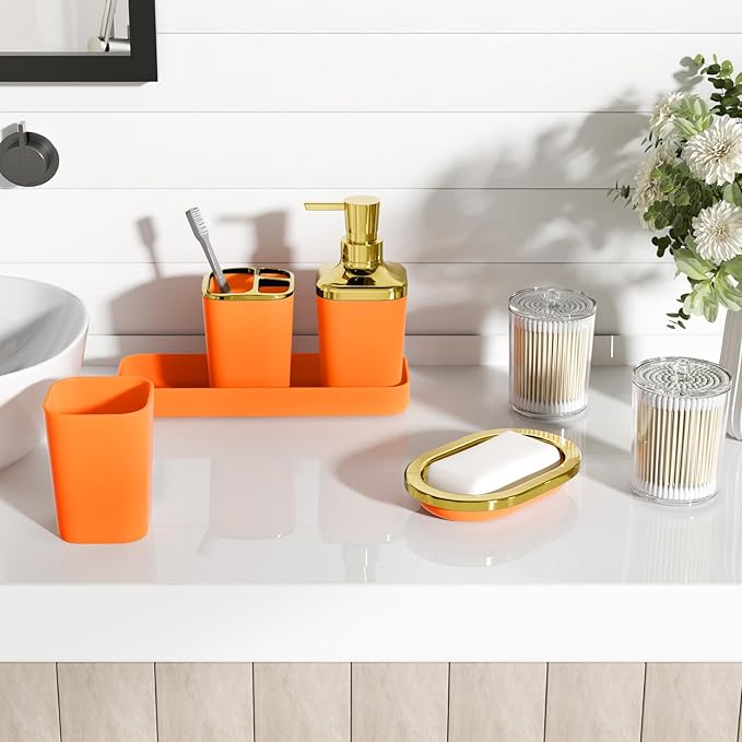 XLHOMO Bathroom Set - Orange Bathroom Sets with Shower Curtain and Rugs, 24PCS Shower Curtain Set with Hooks, Soap Dispenser, Soap Dish, Toilet Brush Holder and Trash Can for Housewarming