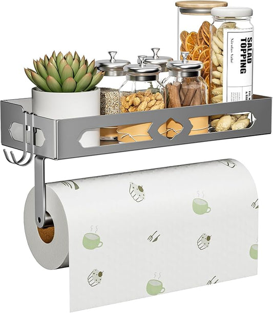 Stylish Kitchen Paper Towel Holder with Shelf - Adhesive Hand Towel Holder for Bathroom Wall Mount, Rust-Resistant Matte Grey Finish for RV Toilet Paper Holder Rack, Easy One-Handed Operation Design