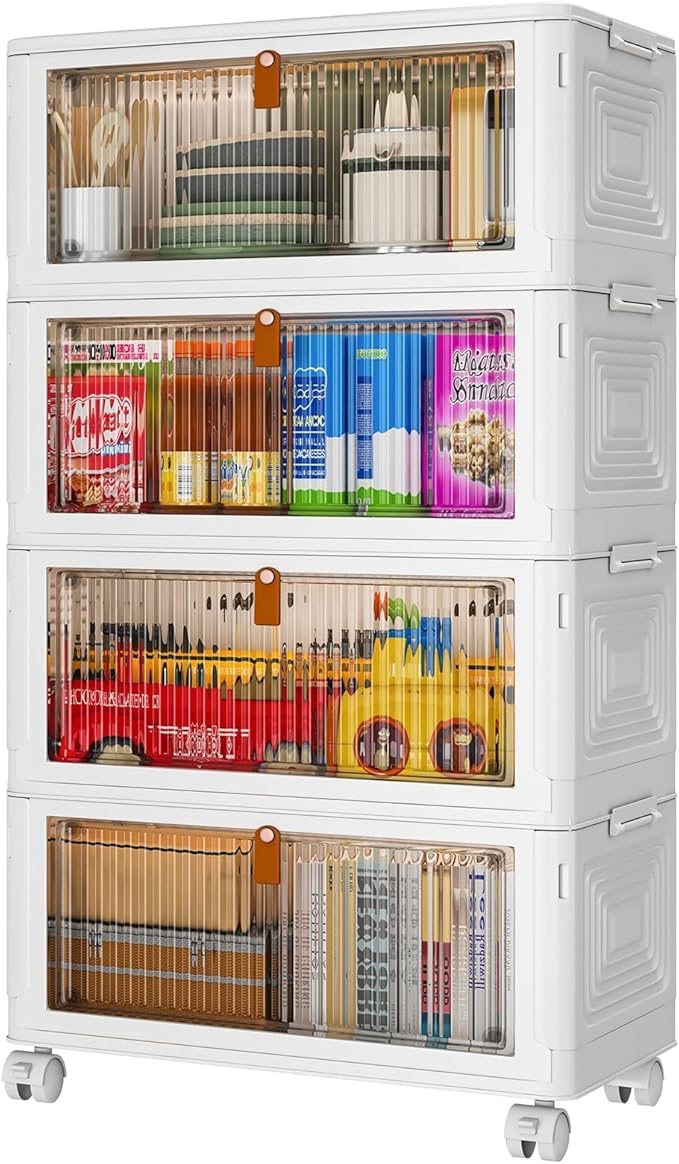 YFXCVSL 4 Tier Plastic Storage Bins with Lid 35QT, Stackable Storage Containers with Wheels, Folding Boxes, Collapsible Bins, Closet Organizers and for Living Room,Office,Dorm