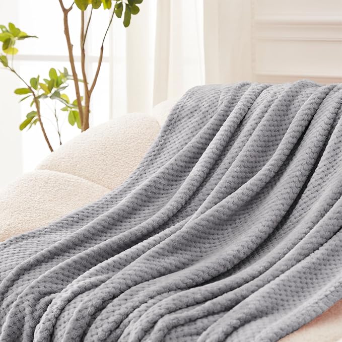 Exclusivo Mezcla Fleece Bed Blanket Twin Size, Super Soft and Warm Blankets for Couch, Sofa and Bed Waffle Textured, Cozy, Fuzzy and Lightweight (Light Grey, 90x66 Inches)