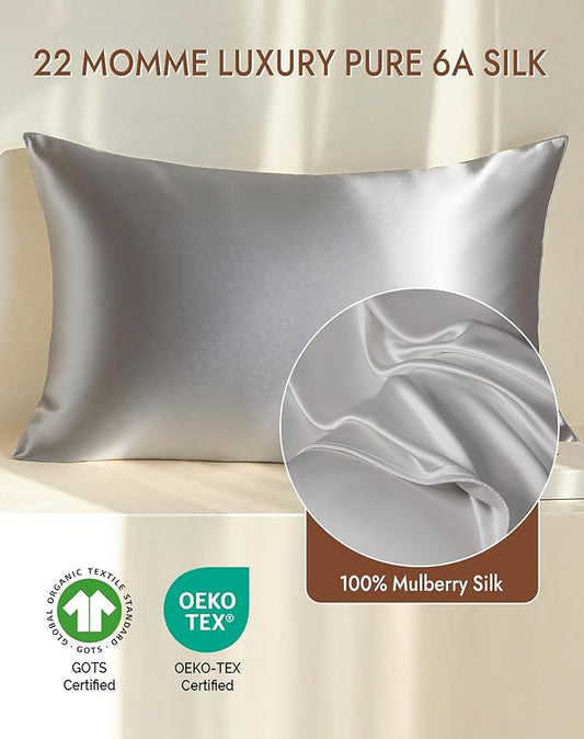 SilkSilky 100% Mulberry Silk Pillowcase - Pure 22 Momme High-Grade 6A Fibers for Hair & Skin, Envelope Closure, Natural, Organic, Breathable & Cooling Pillow Case (Standard, Silver)