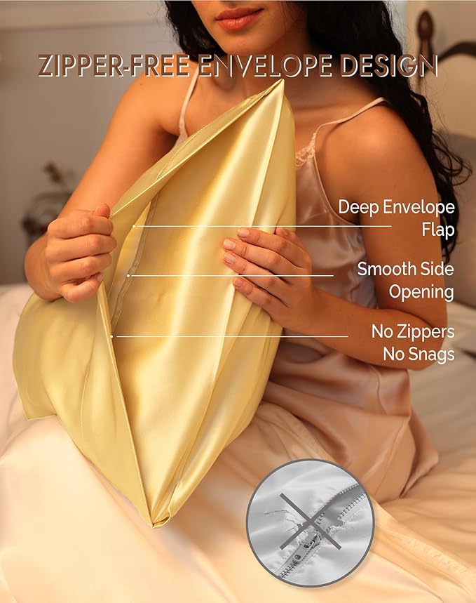 SilkSilky 100% Mulberry Silk Pillowcase - Pure 22 Momme High-Grade 6A Fibers for Hair & Skin, Envelope Closure, Natural, Organic, Breathable & Cooling Pillow Case (Queen, Champagne)