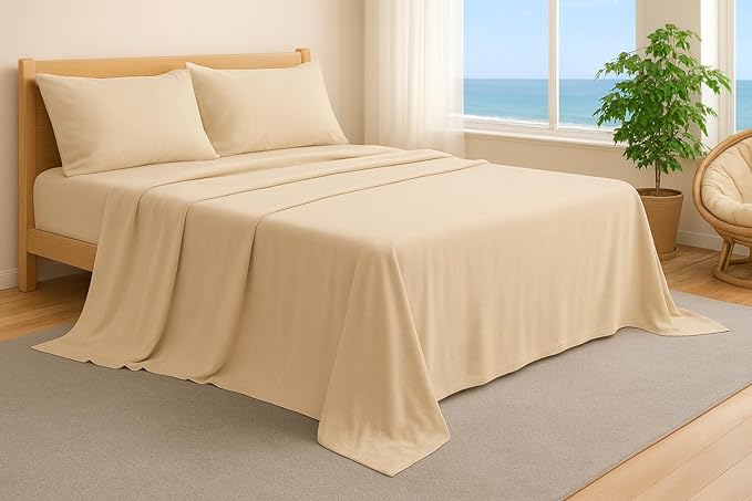 100% Cotton Flat Top Sheet Only - T-Shirt Fabric Jersey Knit - Extra Soft - Wrinkle Free - Machine Washable - Easy Fit - Breathable - Comfy (Beige, Twin XL)