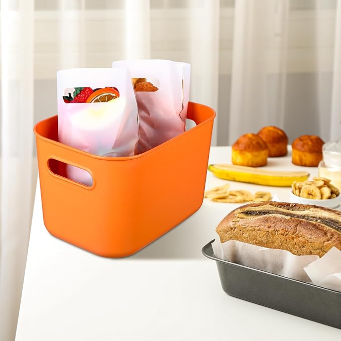 Hoolerry 8 Pieces Colorful Storage Bins with Lid, Plastic Storage Basket Organizing Container Stackable Box with Handle for Shelves Desktop Playroom Office(10.2 x 7 x 6.3 Inch,Orange)