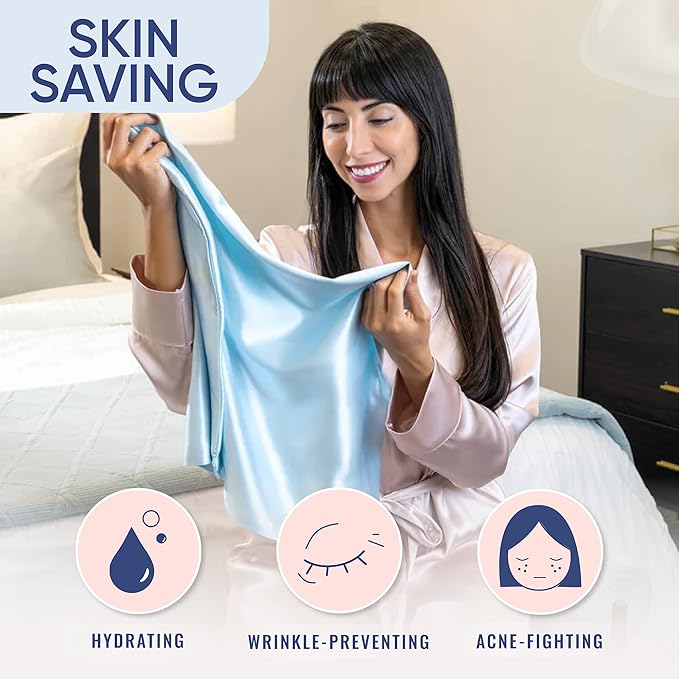 Blissy Silk Pillowcase - 100% Pure Mulberry Silk - 22 Momme 6A High-Grade Fibers - Silk Pillow Cover for Hair & Skin - Regular, Queen & King (Sky Blue, King)