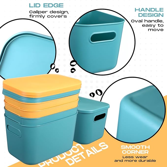 Hoolerry 8 Pieces Colorful Storage Bins with Lid, Plastic Storage Basket Organizing Container Stackable Box with Handle for Shelves Desktop Playroom Office(10.2 x 7 x 6.3 Inch,Green and Yellow)