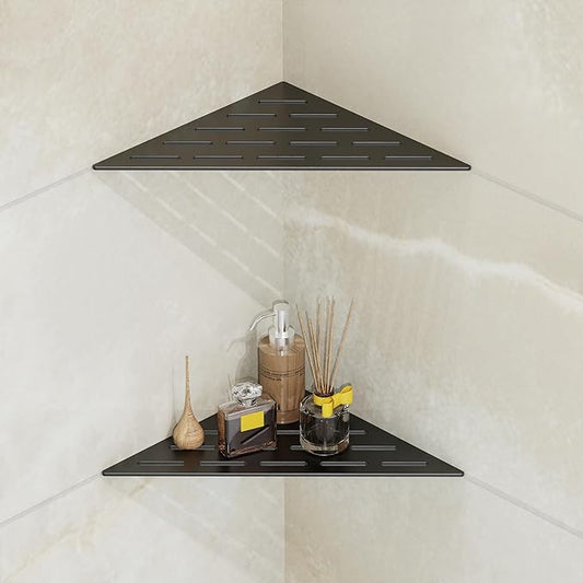 Peaktrivol Corner Shower Caddy Shelf, Recessed Built-in Bathroom Storage for Tiled 90° Walls, Matte Black 304 Stainless Steel, Set of 2