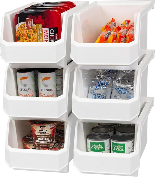 ReadySpace Large Plastic Containers for Organizing and Storage Bins for Closet, Kitchen, Office, or Pantry Organization, 14.75-Inch x 8-Inch x 7-Inch 6-Pack, White, Large