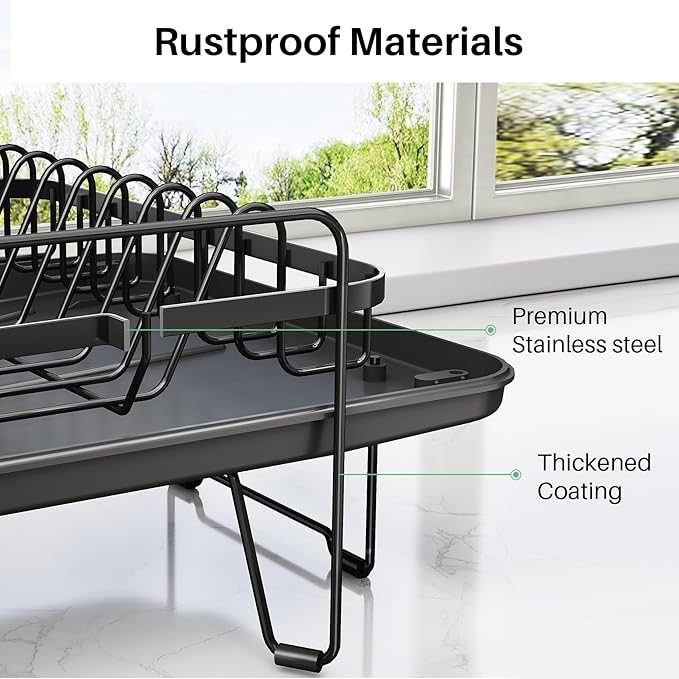 SNTD Dish Drying Rack - Large Dish Racks for Kitchen Counter, Expandable Dish Drainers with Cutlery Holder Stainless Steel Rustproof, Black