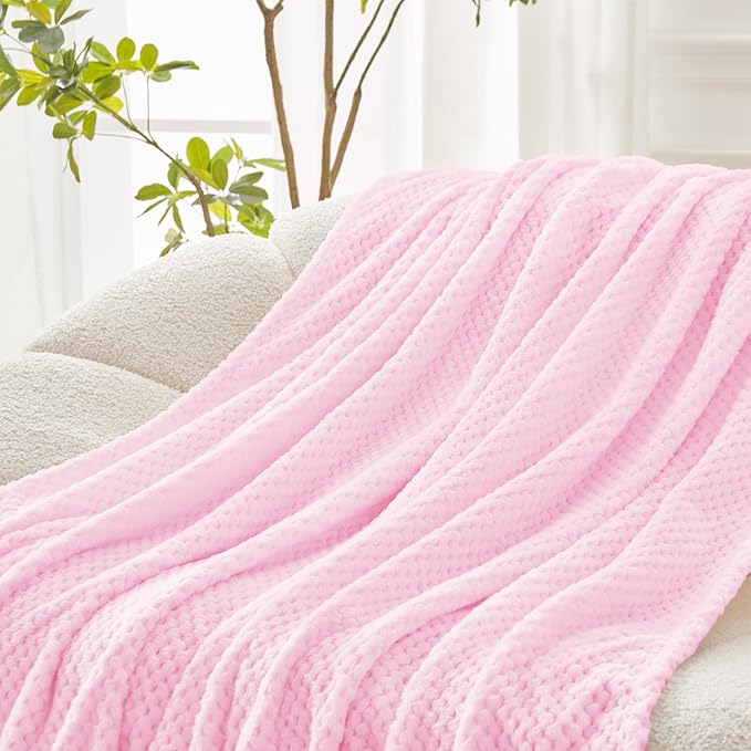 Exclusivo Mezcla Fleece Throw Blanket Extra Large, Super Soft and Warm Blankets for Couch, Sofa and Bed Waffle Textured, Cozy, Fuzzy and Lightweight (Light Pink, 50x70 Inches)