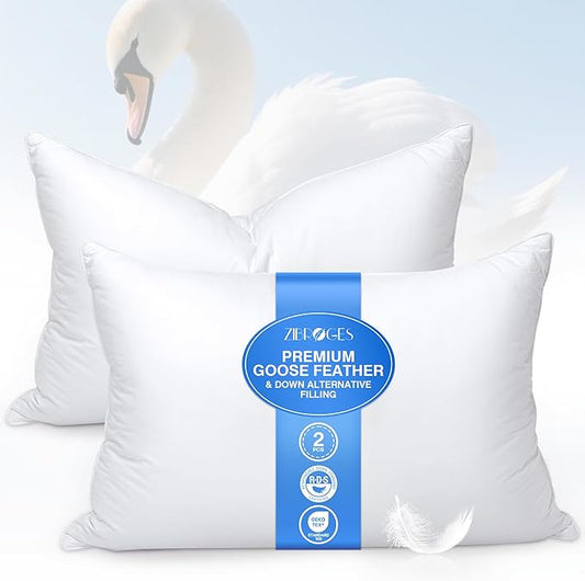 zibroges Feather Pillows Queen Size Set of 2 - Goose Down Hotel Bed Pillow for Sleeping, Soft 600 Thread Count Cotton Cover, Fluffy Support Surround Fill Polyester for Side, Back, Stomach Sleepers