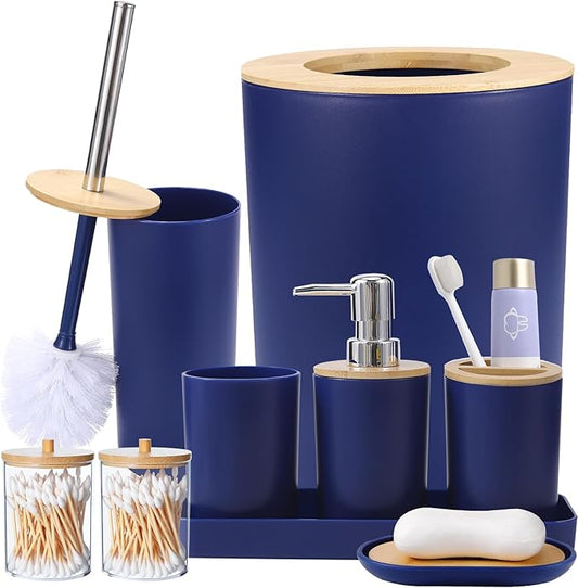 SLDIYWOW Blue Bathroom Accessories, 9-Piece Navy Blue Bathroom Accessories with Trash Can,Tray,Soap Dispenser,Toothbrush Holder,Toothbrush Cup,Soap Dish,Toilet Brush and Q-tip Holders for Bathroom