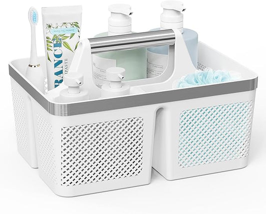 BYUNER Plastic Shower Caddy Dorm: Portable Bathroom Caddy Organizer with Handle and Holes, Cleaning Basket, Hard Shower Basket Storage Tote for Toiletry, College Dorm Room Essentials White/Silver