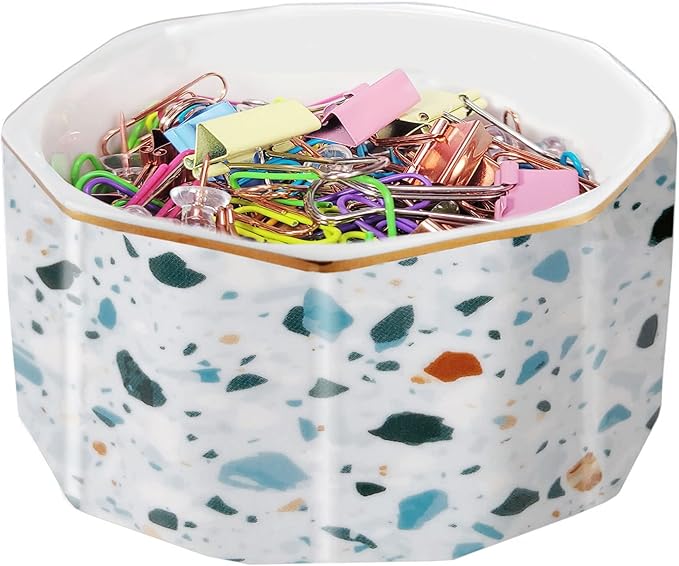 LEAZUL Ceramic Paper Clip Holder Gold Line Paper Clip Dispenser Organizer for Desk Cute Terrazzo Marble Pattern Office Binder Clip Holder Bobby Pin and Hair Clip Holder Gift for Office Blue