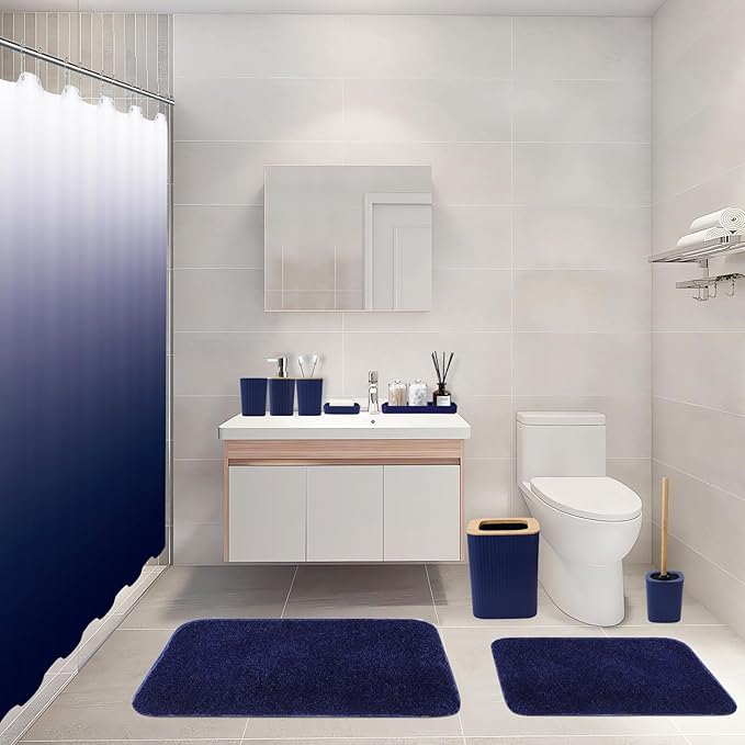 XLHOMO Bathroom Accessory Set–Bathroom Sets with Shower Curtain and Rugs, No Slip Bathroom Rugs Super Absorbent, Blue Ombre Water-Proof Shower Curtain with Hooks, Blue Bathroom Sets Complete for Home