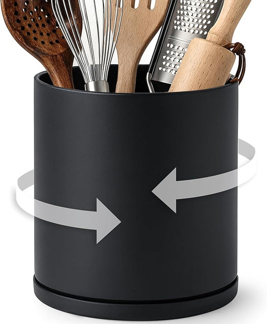 D'vine Dev 360° Rotating Utensil Holder – 7.2" Kitchen Utensil Crock for Countertop, Modern Cooking Tool Organizer for Kitchen Storage & Décor, Black, 72-X-B-2