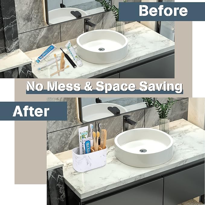 GFWARE Toothbrush Holders for Bathrooms, 5 Slots Bamboo Toothbrush Holder Kids Electric Toothbrush Holder and Toothpaste Holder for Bathroom Countertop Accessories Storage, Marble Toothbrush Organizer