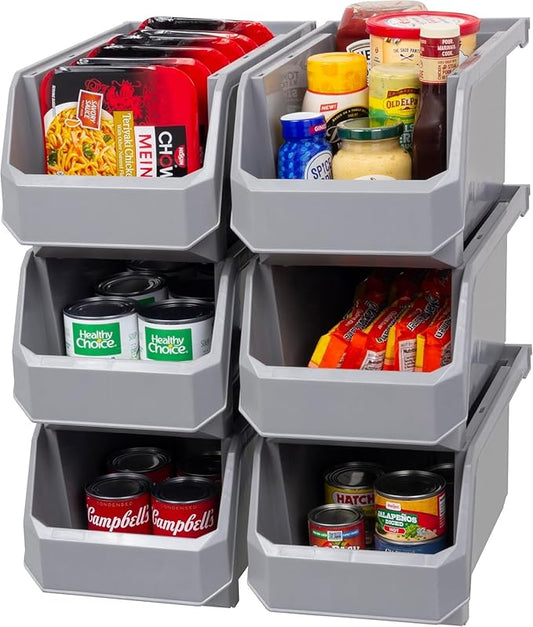 ReadySpace Plastic Containers for Organizing and Storage Bins for Closet, Kitchen, Office, Garage or Pantry Organization, Stackable Bins, Large (14.8" x 8" x 7"), 6-Pack, Grey