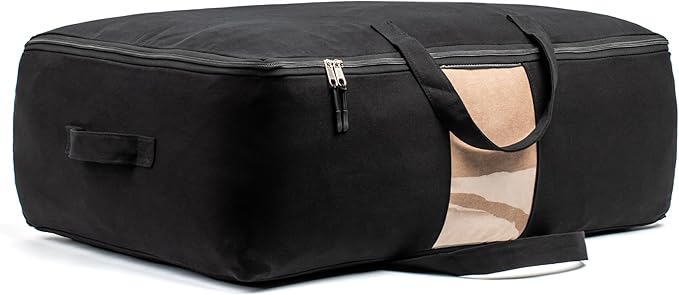 Soft Canvas Storage Bags with Zipper. Thick Breathable, 2pc King/Queen Comforter Organizer. Four Carrying Handles and Window. Large 25x19x9in Bag for Sheets Blankets Bedding Pillows, Clothes (Black)