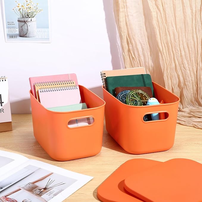 Hoolerry 8 Pieces Colorful Storage Bins with Lid, Plastic Storage Basket Organizing Container Stackable Box with Handle for Shelves Desktop Playroom Office(10.2 x 7 x 6.3 Inch,Orange)