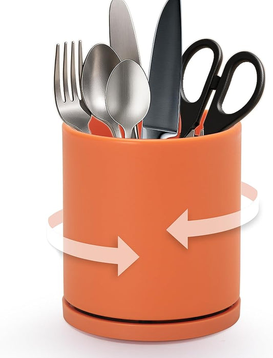 D'vine Dev 360° Rotating Utensil Holder – 5" Kitchen Utensil Crock for Countertop, Modern Cooking Tool Organizer for Kitchen Storage & Décor, Pumpkin, 72-X-E-1