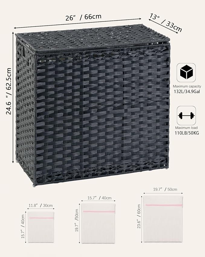 SETVSON Laundry Hamper with Lid Laundry Basket 132 L (35 Gal) Wicker Clothes Hamper, Handwoven Rattan Hamper with Handles and 4 Removable Liner Bags, 6 Mesh Bags for Laundry Bedroom Black