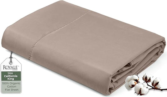 Royale Linens 100% Organic Cotton King Cal Flat Sheet Only - Super Soft - Percale Top Sheets - King Cal Flat Sheet Sold Separately - Breathable, Cool & Crisp White Sheets Only (108" x 102", Mocha)