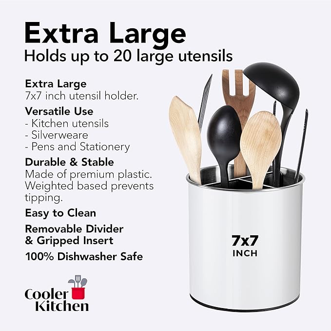 Cooler Kitchen White Rotating Extra Large Stainless Steel Utensil Holder Caddy with Sturdy No-Tip Weighted Base, Removable Divider, and Gripped Insert - Dishwasher Safe Metal Cooking Utensil Holder