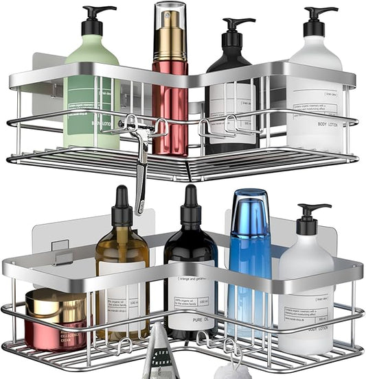Yazoni Corner Shower Caddy, Adhesive Shower Shelves No Drilling [2-Pack], Rustproof Stainless Steel Bathroom Shower Organizer with 8 Hooks