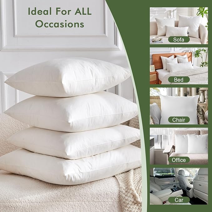TOPGREEN Feathers Down Throw Pillow Inserts 22x22, Set of 2, 100% Organic Cotton Shell, Soft Decorative Square Pillows Insert for Living Room Sofa, Couch, or Bed (White)
