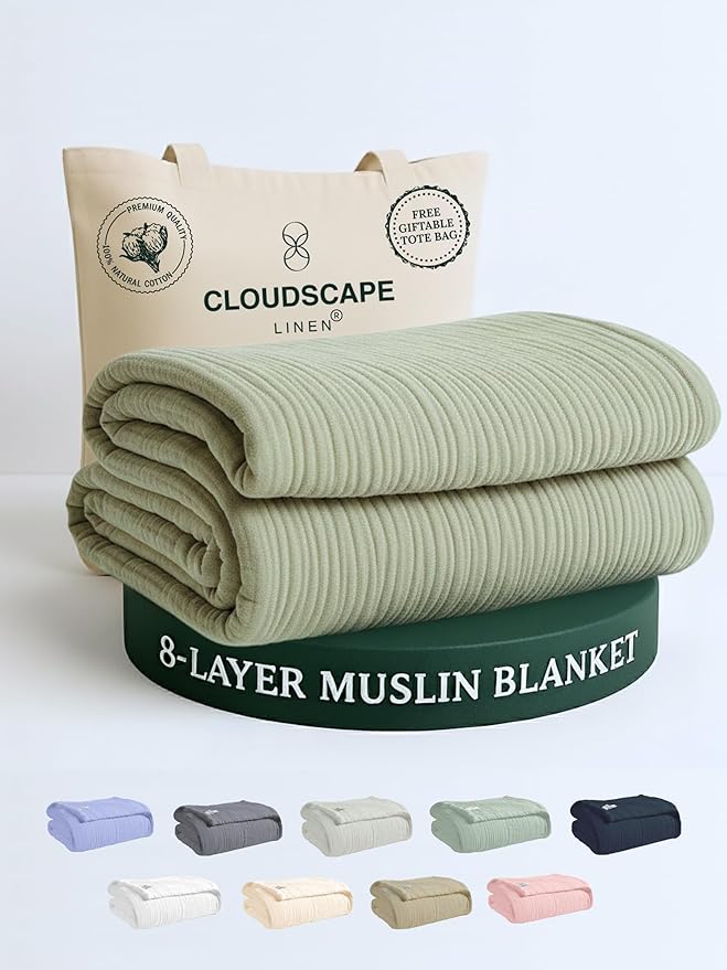Cloud Scape Linen 8-Layer Muslin Blanket Queen Size - 100% Cotton, Soft and Breathable, Oversized Winter Blanket, Fits up to Full Size Bed, 92x92, Sage Green