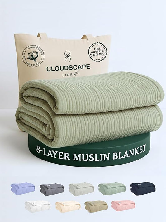 Cloud Scape Linen 8-Layer Muslin Blanket King Size for Adult - 100% Cotton, Breathable and Soft, Perfect Winter Cozy Blanket, Fits up to California King Bed, 92x108, Sage Green