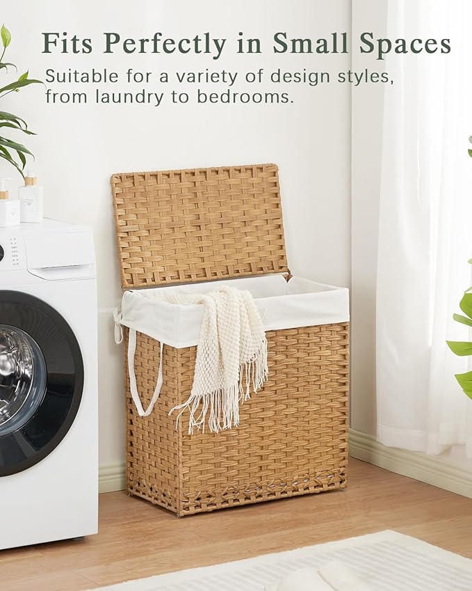 SETVSON Laundry Hamper with Lid Wicker Laundry Basket 112 L (29.6 Gal) Laundry Hampers Handwoven Rattan Clothes Hamper with Handles 3 Removable Liner Bag, 6 Mesh Bags for Bathroom Bedroom Natural