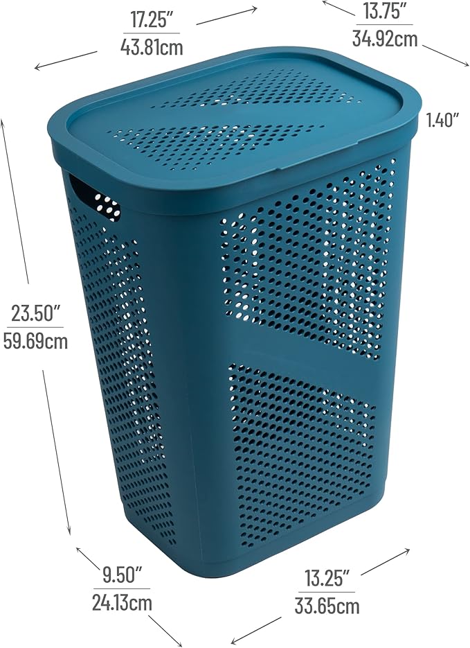 Mind Reader 60L Slim Laundry Hamper, Clothes Basket, Lid, Ventilated, Plastic, Set of 2, Blue