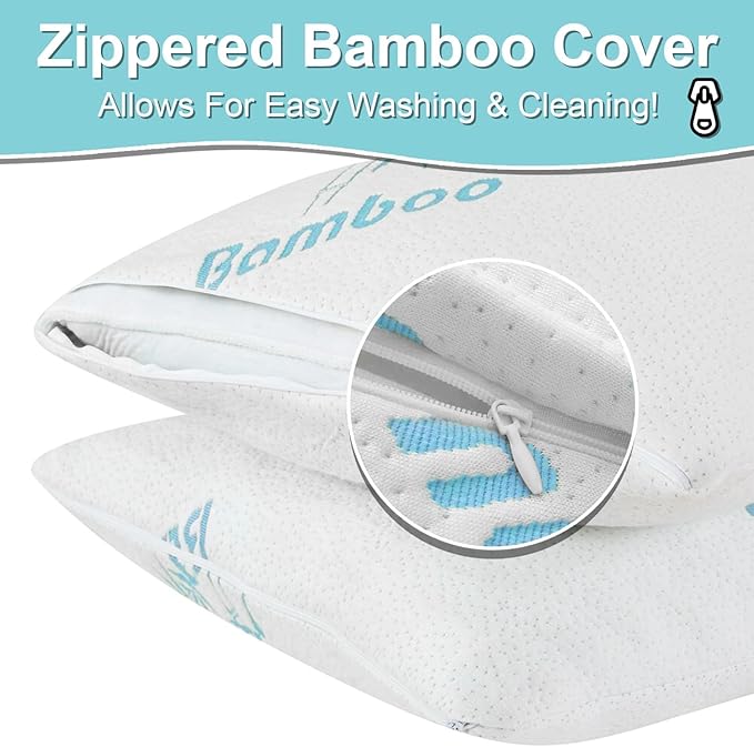 Cooling Rayon Of Bamboo Pillows Queen Size for Sleeping, +1 Extra Pillow Case, Shredded Adjustable Memory Foam Washable Zippered Breathable Cover, Relieves Neck Pain for Back/Stomach/Side Sleeper