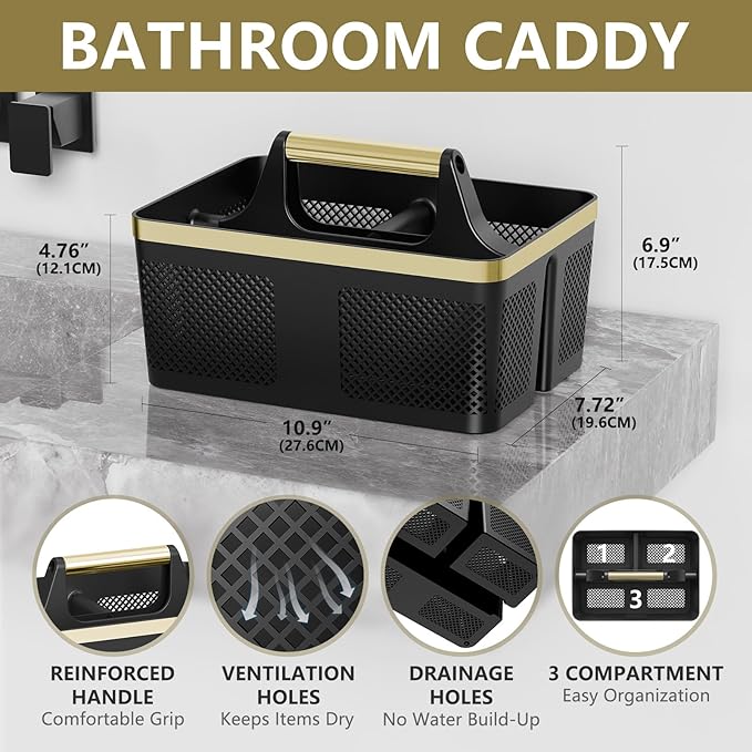BYUNER Shower Caddy Dorm Men: Plastic Bathroom Caddy Organizer with Handle and Holes, Bath Caddy for College Dorm, Portable Shower Basket Tote for Toiletry, Travel, GYM, Camp Essentials Black/Gold