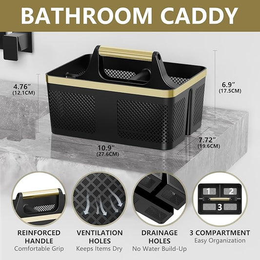 BYUNER Shower Caddy Dorm Men: Plastic Bathroom Caddy Organizer with Handle and Holes, Bath Caddy for College Dorm, Portable Shower Basket Tote for Toiletry, Travel, GYM, Camp Essentials Black/Gold