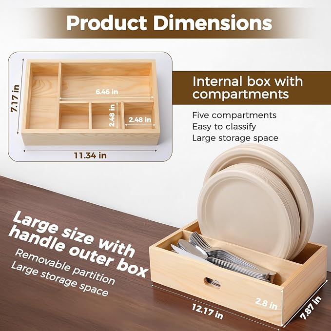 Utensil Holder for Party,Paper Plate Holders,Wood Silverware Organizer for Kitchen Countertop,Silverware Caddy,Essentials for Parties,Cutlery Flatware Organizer for Spoons Forks Napkins Cup,Set of 2