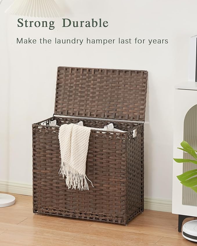 SETVSON Laundry Hamper with Lid Laundry Basket 132 L (35 Gal) Wicker Clothes Hamper, Handwoven Rattan Hamper with Handles and 4 Removable Liner Bags, 6 Mesh Bags for Laundry Bedroom Brown