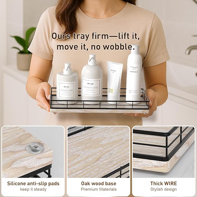 Toilet Paper Basket Organizer – Ash Wood Toilet Tank Tray with Metal Frame, Back of Tank or Top Bathroom Counter Storage – Black & Whitewashed Modern Decor