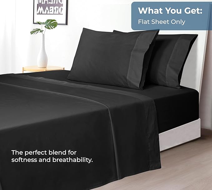 Royale Linens 100% Organic Cotton King Flat Sheet Only - Super Soft - Percale Top Sheets - King Flat Sheet Sold Separately - Breathable, Cool & Crisp Black Sheets Only (105" x 102", Black)