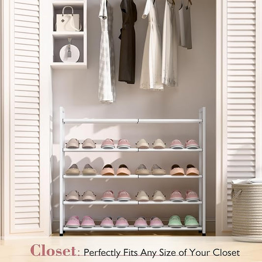 Bumusty 5-Tier Expandable Shoe Rack for Closet, 18“-33” Adjustable Shoe Rack for Small Space, Small Shoe Organizer for Front Door, Sturdy Metal (White)