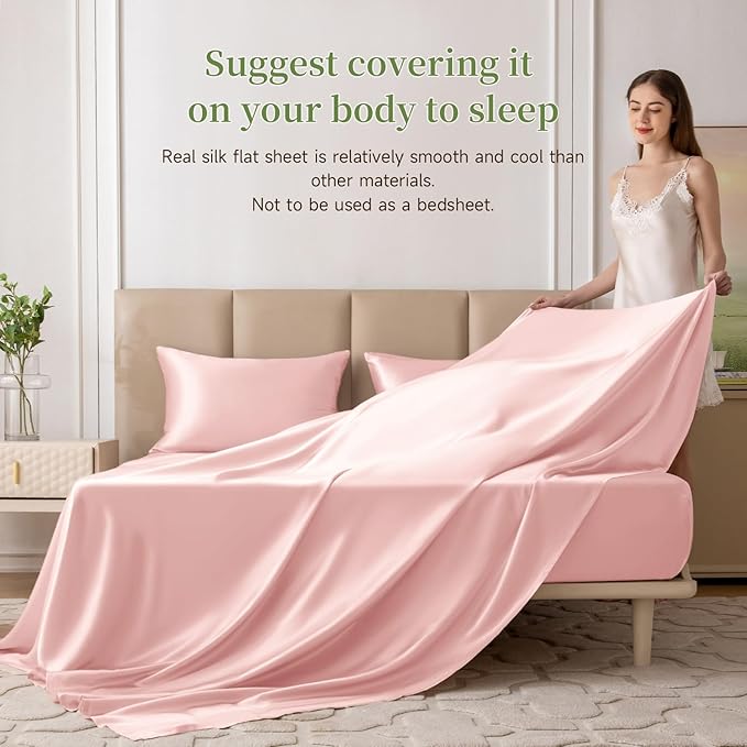 THXSILK 22 Momme 1 Pcs Silk Flat Sheet, 100% Top Grade Pure Mulberry Silk Bed Sheet Breathable Cooling Comfortable Safe Material Ultra Soft Bedding Durable (King/Cal. King, Charming Pink)