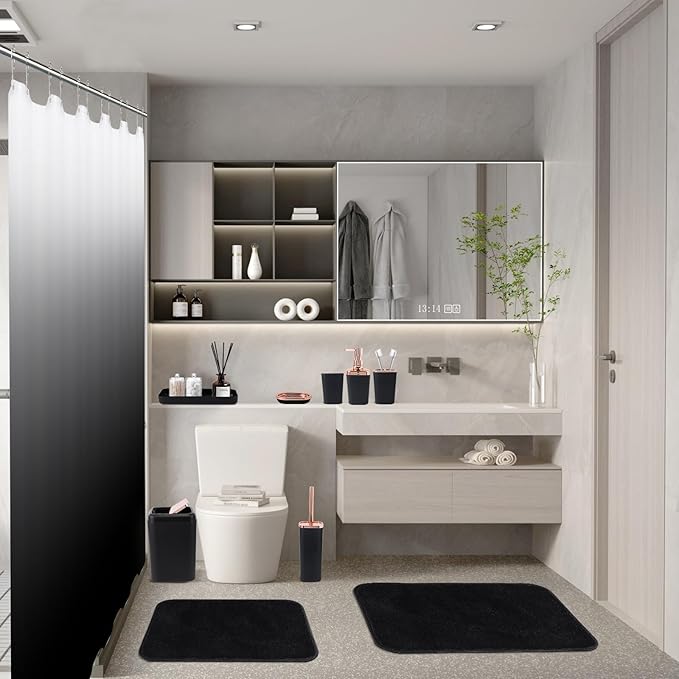 XLHOMO Bathroom Accessory Set–Bathroom Set with Shower Curtain and Rugs, No Slip Bathroom Rugs Super Absorbent, Black Ombre Water-Proof Shower Curtain with Hooks,Black Bathroom Sets Complete for Home
