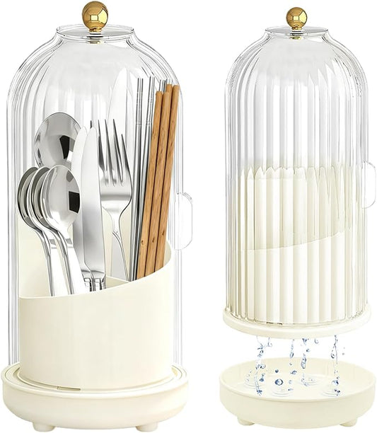 Kitchen Utensil Holder with Sliding Lid and Draining Tray, Self Draining 360° Rotating 3-Slot Kitchen Countertop Organizer Cooking Utensil Crock for Flatware Chopsticks Spoon Spatula Cutlery (White)